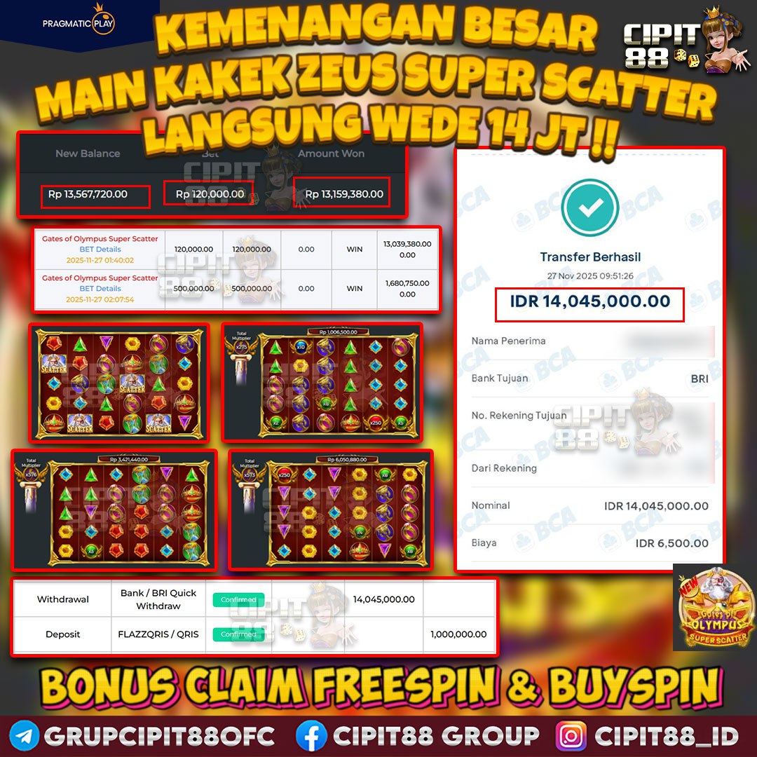 CIPIT88 JACKPOT SLOT GATES OF OLYMPUS SUPER SCATTER RP 14.045.000 ID : NIV***